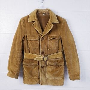 Vintage 70s Brown Corduroy Faux Fur Lined Belted Field Utility Jacket Coat Small